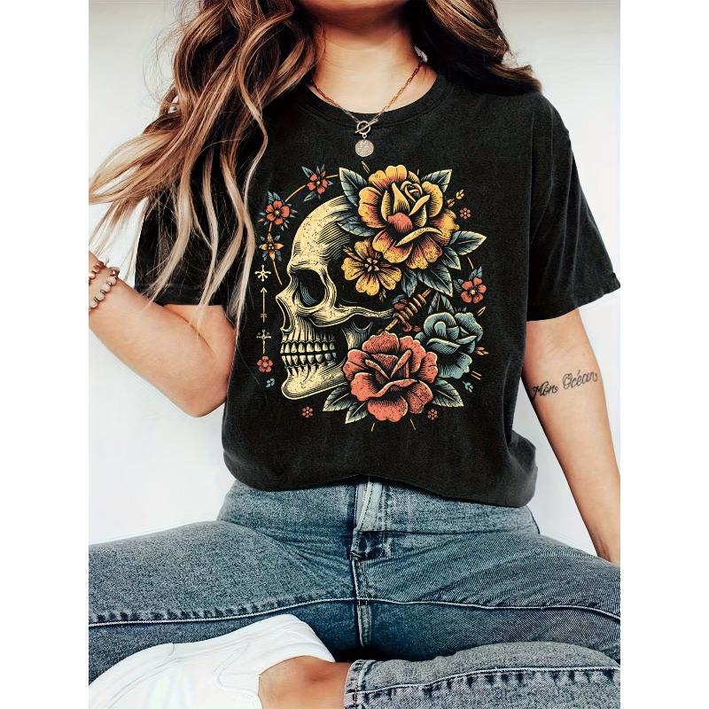 

European sizes Women S Soft T-Shirt Featuring an Eternal Blooming Rose And Skull Design 4XL чорний