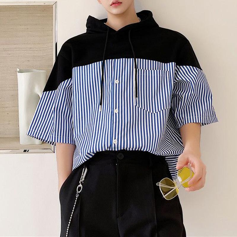 New Summer Fashion High-end Personalized Design Feeling Loose Casual Oversized Striped Printed Short Sleeved Hooded Shirt
