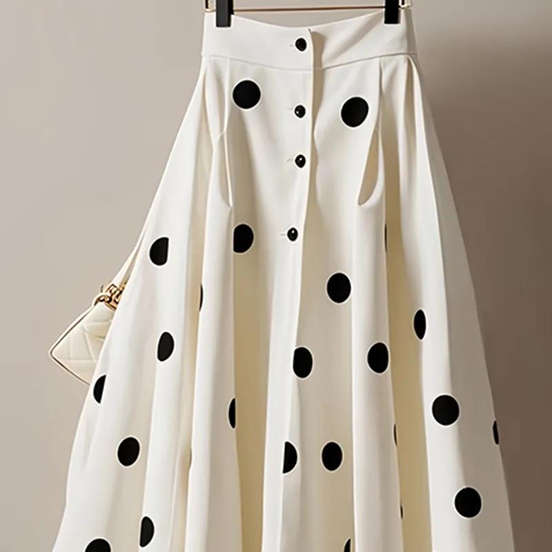Women High Waist White Polka Dot A-line Skirt Big Swing Loose Vintage Skirt