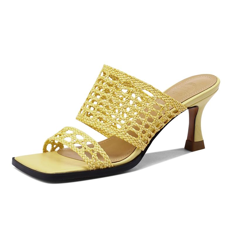 Fashion Women's New Summer Retro Square Headed Hollow Knitted Genuine Leather Sheepskin Open Toe High Heel Large Sandals