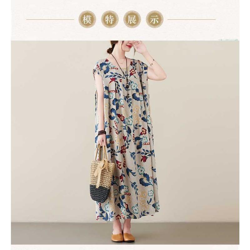 New Literary Retro Large Size Loose Thin Short-sleeved Long Dress Female