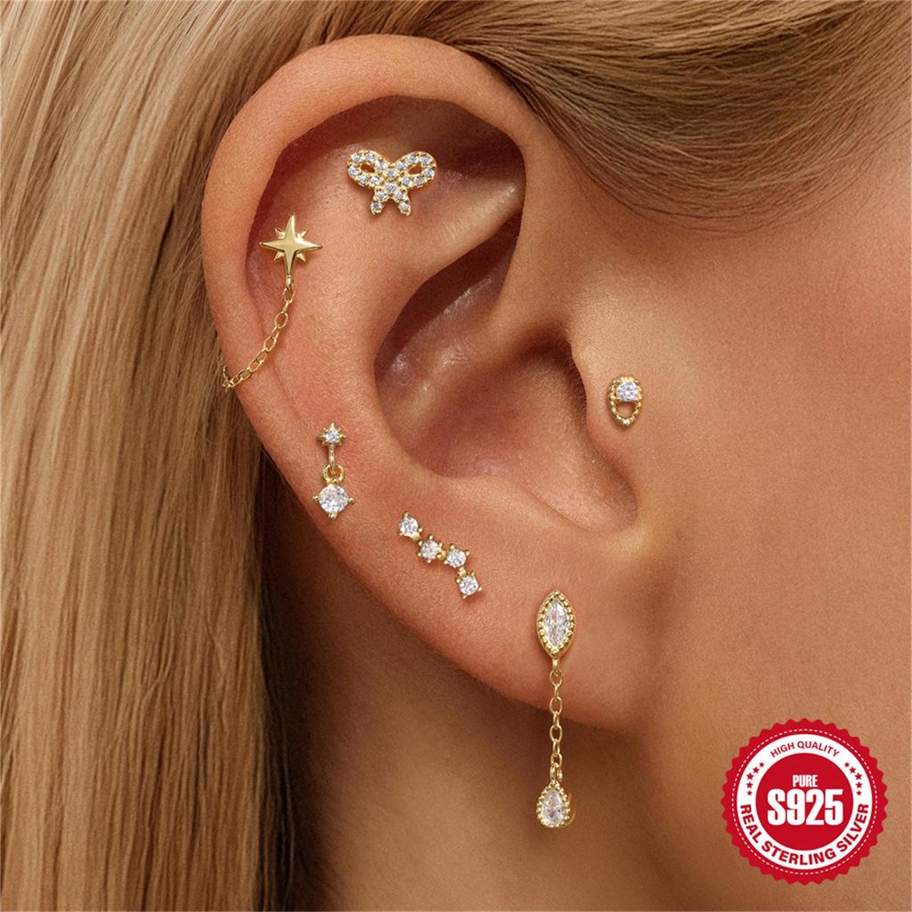 S925 Sterling Silver Star-Lotus Bow Cartilage Earrings