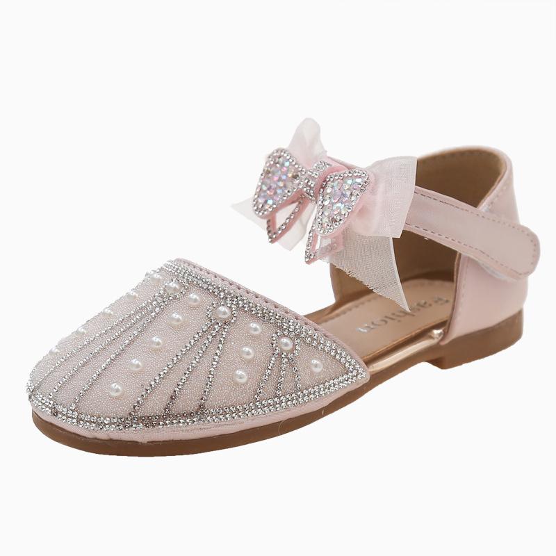 New Girls Princess Sandals Summer Luxury Rhinestone Bowtie Children's Dress Shoes Fashion Kids Wedding Party Flat Sandals Soft