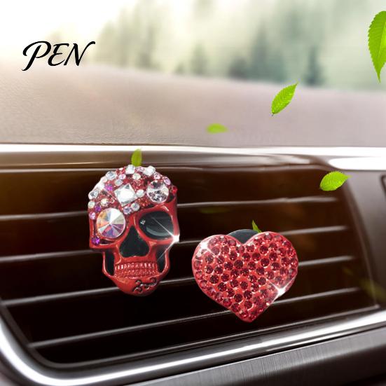 Cool Car Accessory 2 Pcs Bling Skull Heart Air Vent Clips, Rhinestone Shiny Creative Gifts for Owners Dashboard Trim Clip, Funny Head Auto Interior