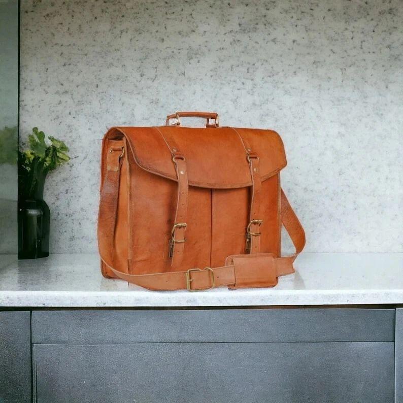 Genuine Vintage Brown Leather Messenger Bag Shoulder Laptop Bag Briefcase