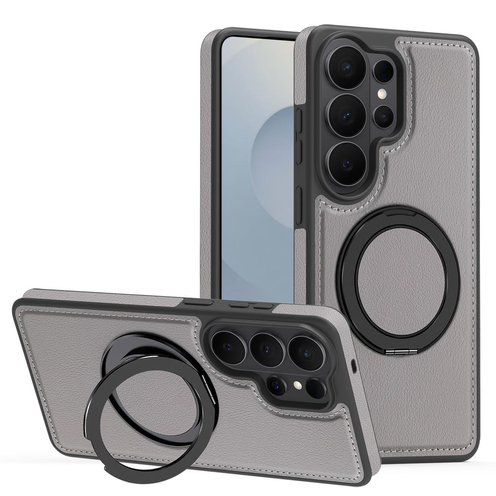 For Samsung Galaxy S26 Ultra Magnetic Case with Ring Kickstand PU Leather Back Cover