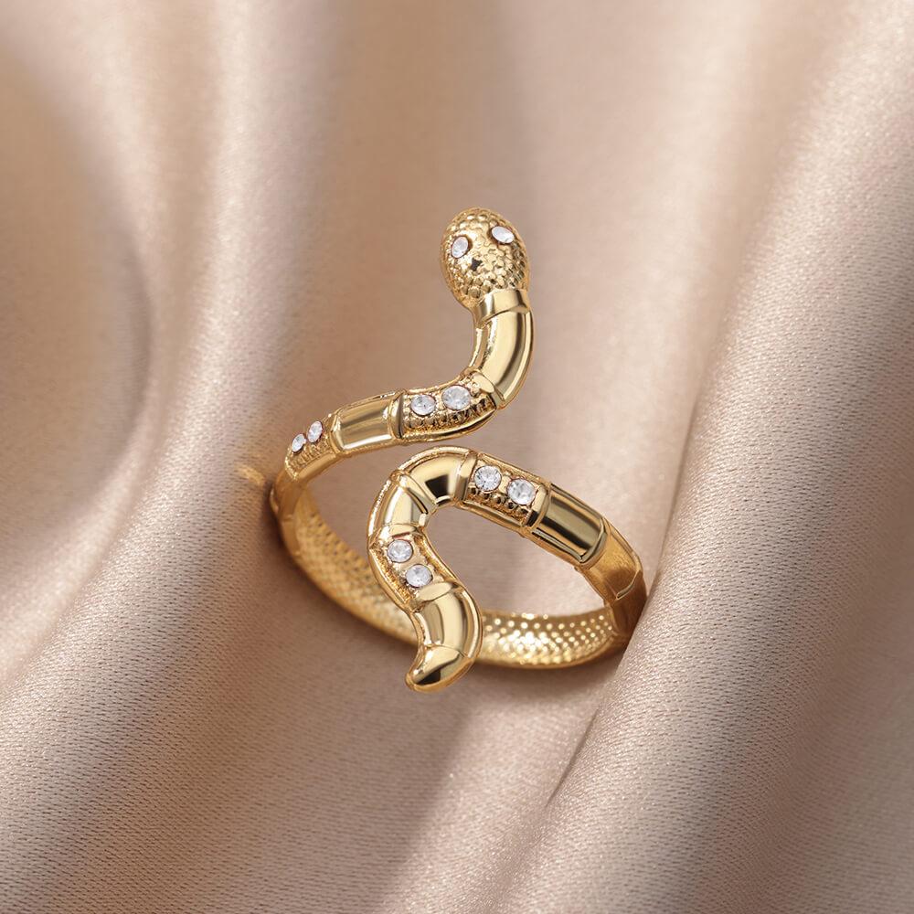 Zircon Snake Rings For Women Men Stainless Steel Gold Color Open Adjustable Ring Vintage Gothic Aesthetic Jewelry Anillos Mujer