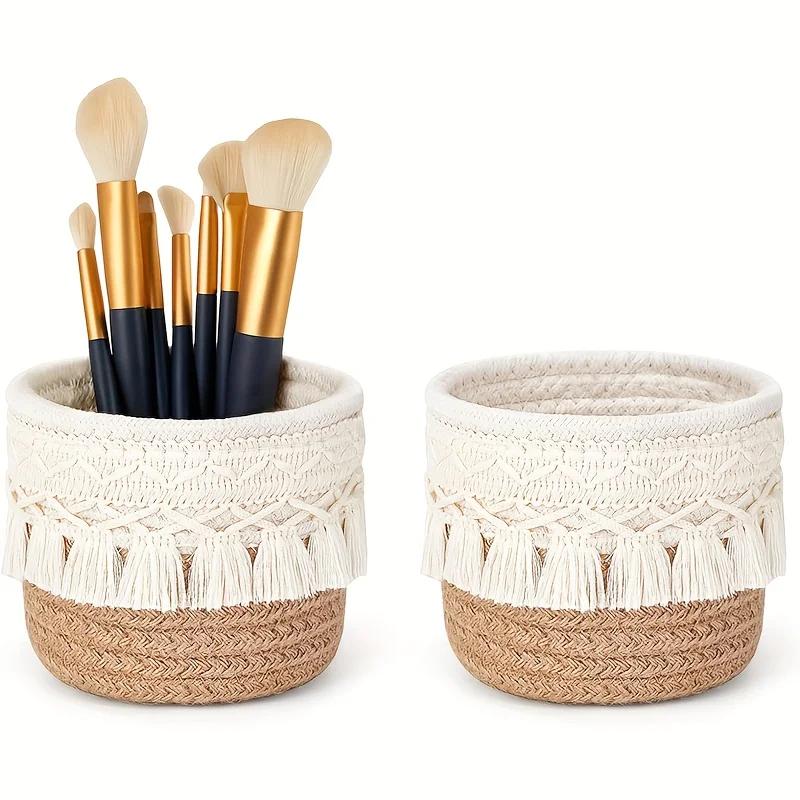 Organizér na štětce na make-up, Mini úložný košík na hřebeny a kartáče, Košíky v boho stylu pro držák na tužky a pera