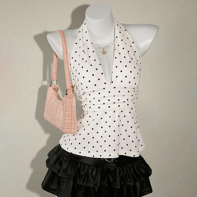 Women's Halter Deep V-Neck Ruched A-Line Backless Polka Dot Camisole