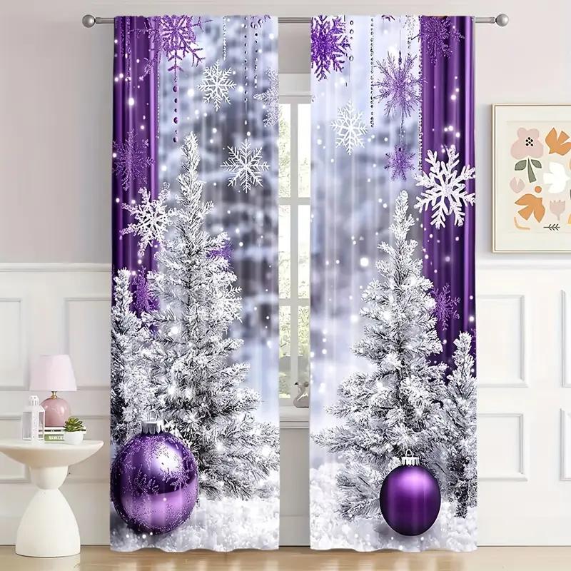 2pcs Purple Snowflake Snowy Christmas Tree Curtains   Light Blocking Polyester Rod Pocket for Holiday Home Decor