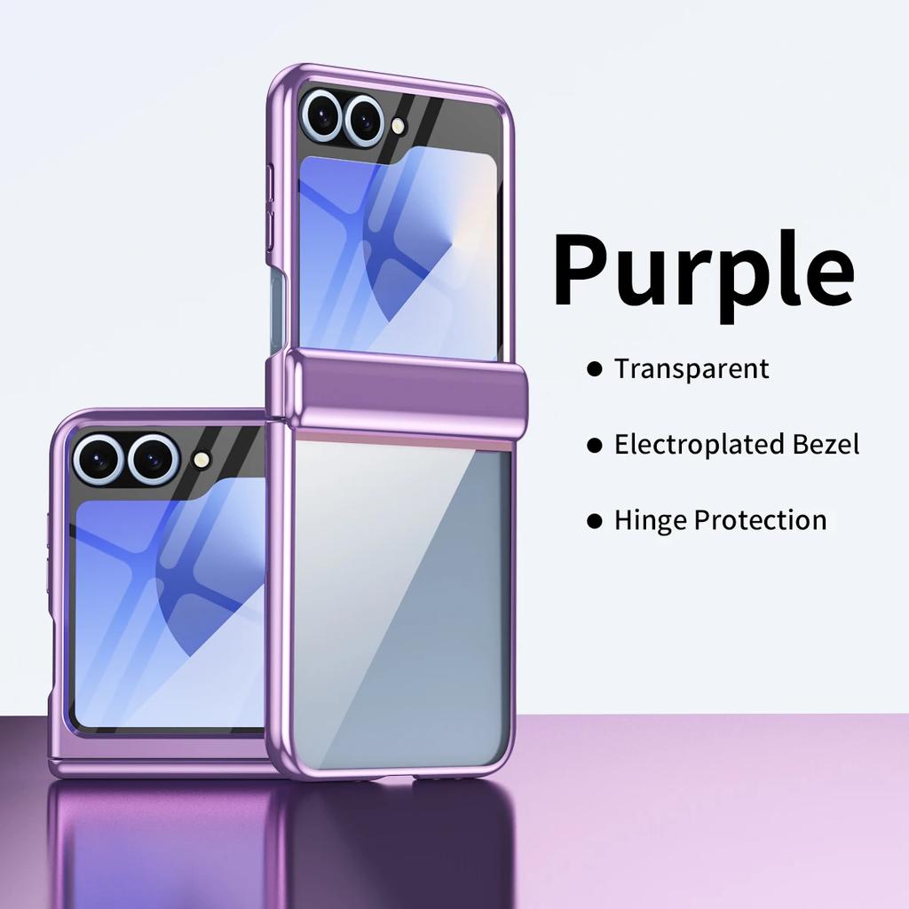Electroplated Transparent Phone Case for Samsung Galaxy Z Flip 7 Fe 6 5 4 with Hinge Protection and Tempered Film Cover