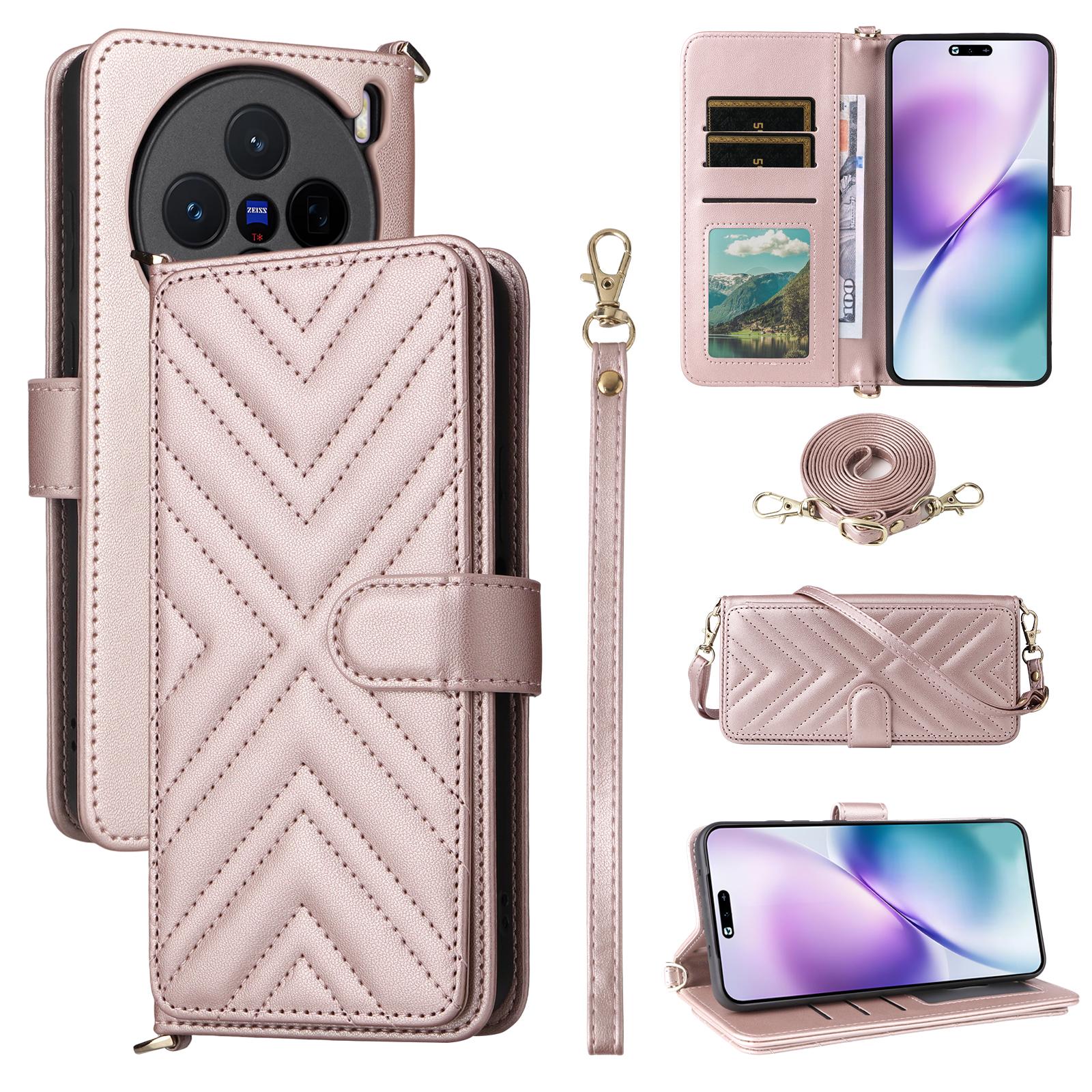 

For vivo X200s 5G Stand Wallet Case with Shoulder/Wrist Strap Leather Phone Cover Pink