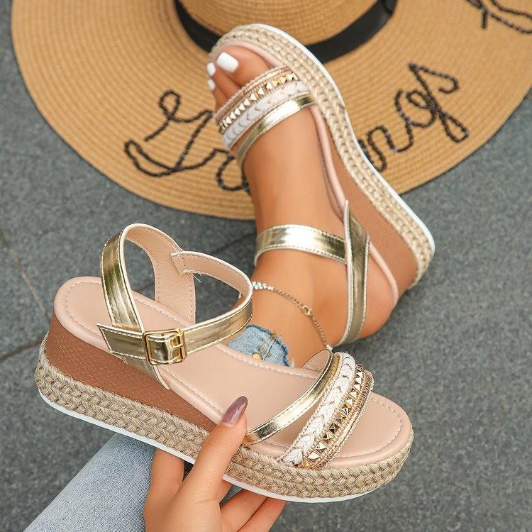 

Новые женские модные клиновые сандалии с пряжкой «рыбий рот», на толстой подошве, глянцевые 36 золотой