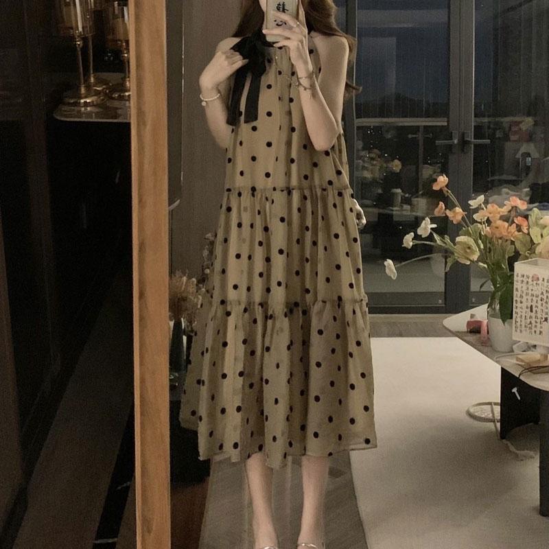 

Summer Sweet Polka Dot Halter Dresses Stylish Drawstring Bow Female Clothing Loose Casual Sleeveless A-Line Spliced Long Dress S кофейный