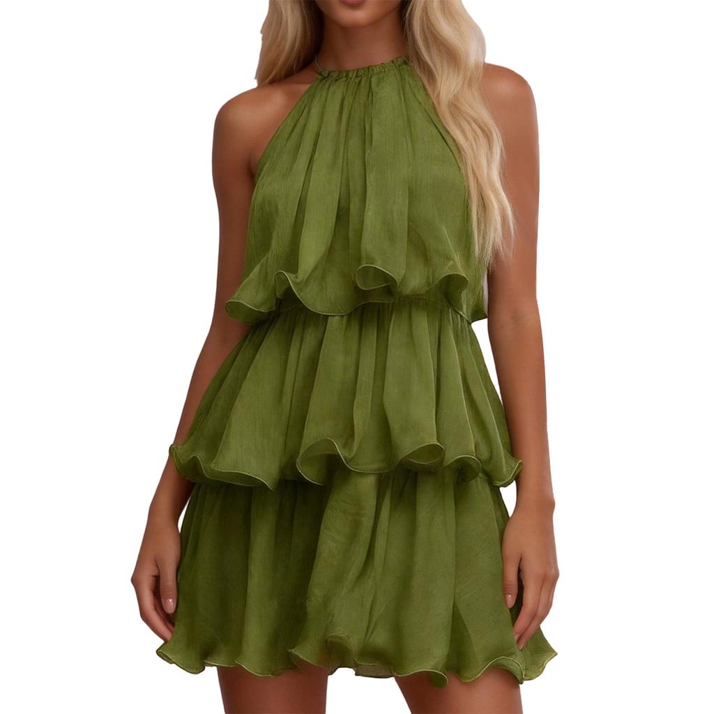 Women's Fashionable Casual Neck Sleeveless Ruffle Dress
