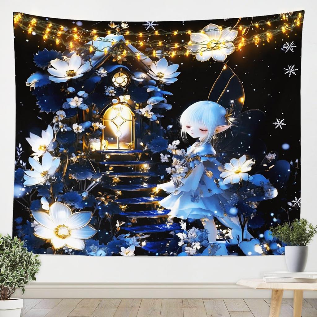 Cute White Cat Tapestry Magical Kitten With Blue Flowers Mushrooms And Golden Sparkles Print Wall Hanging For Bedroom Decor