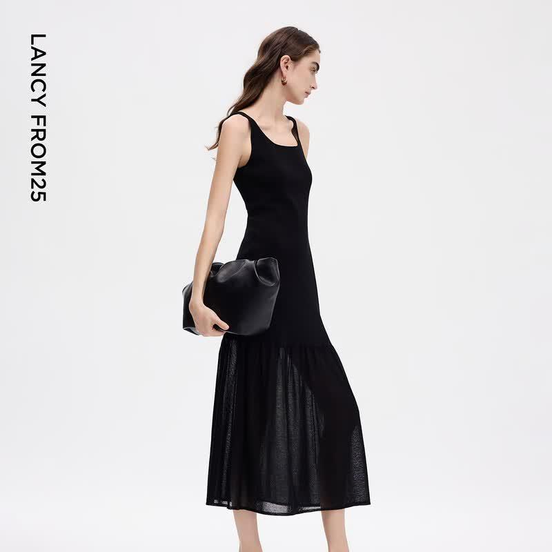Elegant Triacetate Patchwork Fishtail Midi Dress