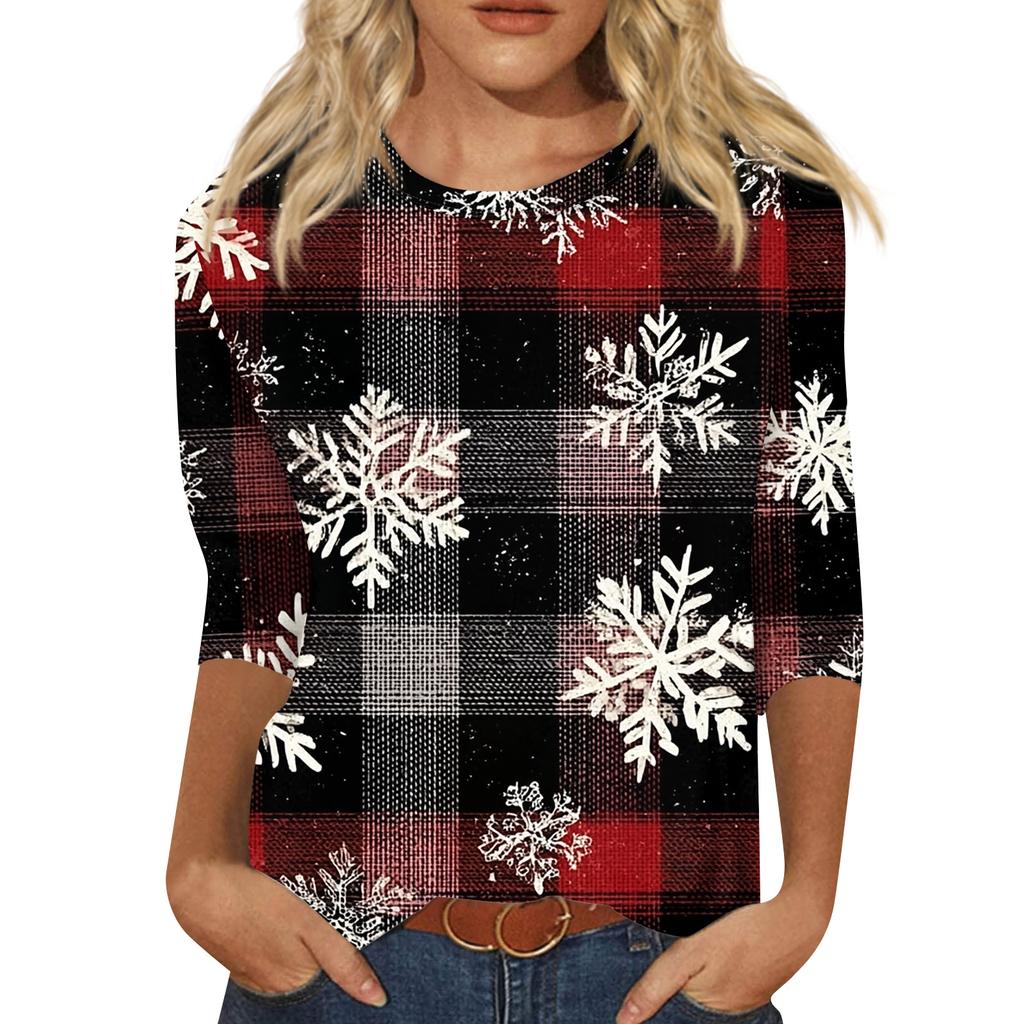 Women's Fashion Casual Christmas Tree Printed Round Neck Three-Quarter Sleeve T-Shirt Top