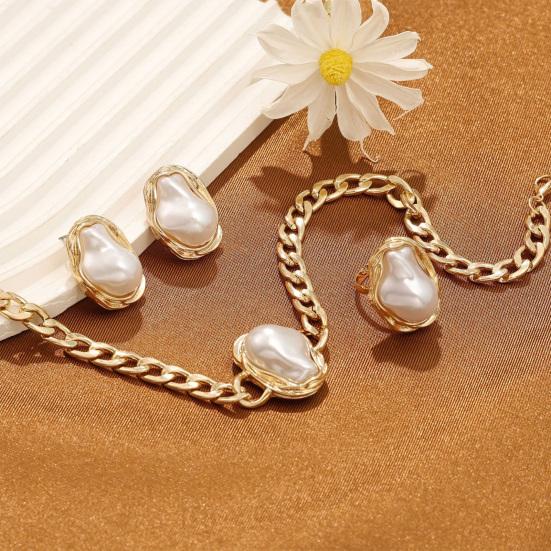 3Pcs/Set Faux Baroque Pearl Jewelry Set, Irregular Faux Pearl Necklace Stud Earrings Ring, Statement Wedding Jewelry for Women