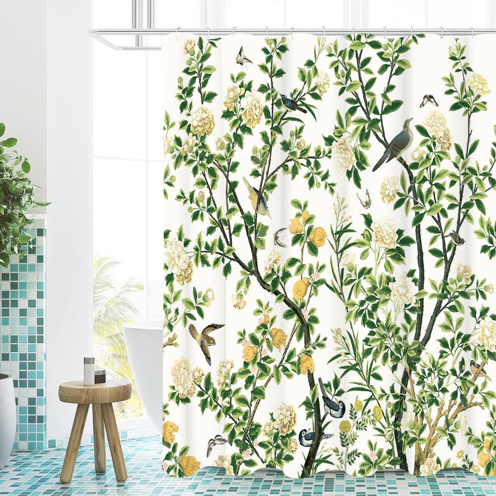 Floral and Bird Pattern Bathing Curtain  Bathroom Letters Shower Curtain Waterproof With 12 Hooks Fishes Home Deco Free Ship