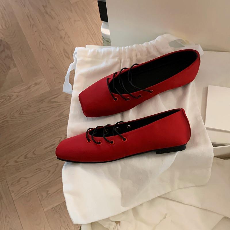 Sheepskin version~ inner heightening women's shoes satin square head blue ballet shoes flat Mary Jane shoes light mouth single shoes women