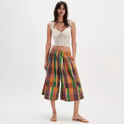 Damen Sommer Boho Karomuster Culottes Lässige Weitbein Palazzo Hosen Baggy Cropped Gingham Caprihosen mit Taschen