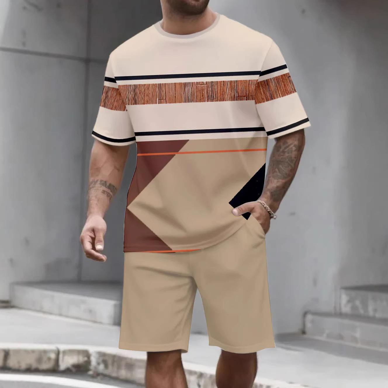 Summer Men s 3D Printed Striped Sports Suit Fashion Versatile Trend Casual Breathable S