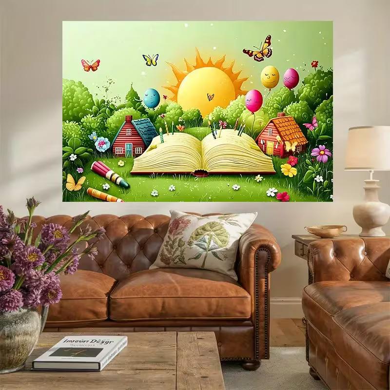 2D Magical Storybook Backdrop, Cartoon Open Book with Sun and Butterflies Background for Kids Birthday & Art Party