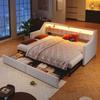 Cama de Dia, Sofá-Cama, 90 x 200cm, Com USB e Tipo-C, Tira de LED, Com 2 Gavetas, Bolsas de Armazenamento, Cama Extensível Multifuncional, Sem Colchão, Bege