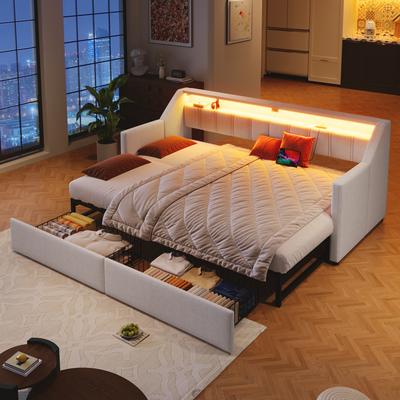 Cama de día, Sofá cama, 90 x 200 cm, Con USB y Tipo-C, Tira LED, Con 2 Cajones, Bolsas de Almacenamiento, Cama Multifuncional Extraíble, Sin Colchón, Beige