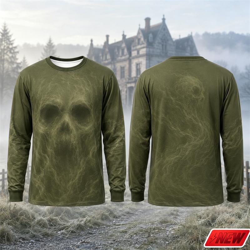 Novelty Long Sleeve T‑Shirt Men Gothic Flame Smoke Skull 3D Print Tee Fire Skeleton Graphic Casual Halloween Party Street Top