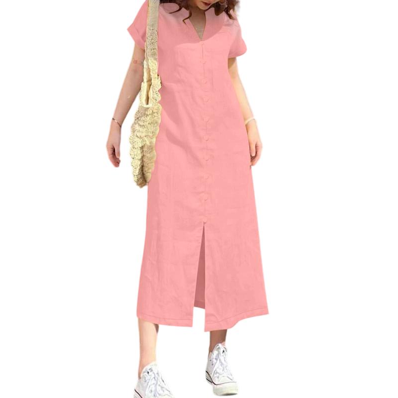 ZANZEA Women Casual V-Neck Summer Short Sleeve Long Dress