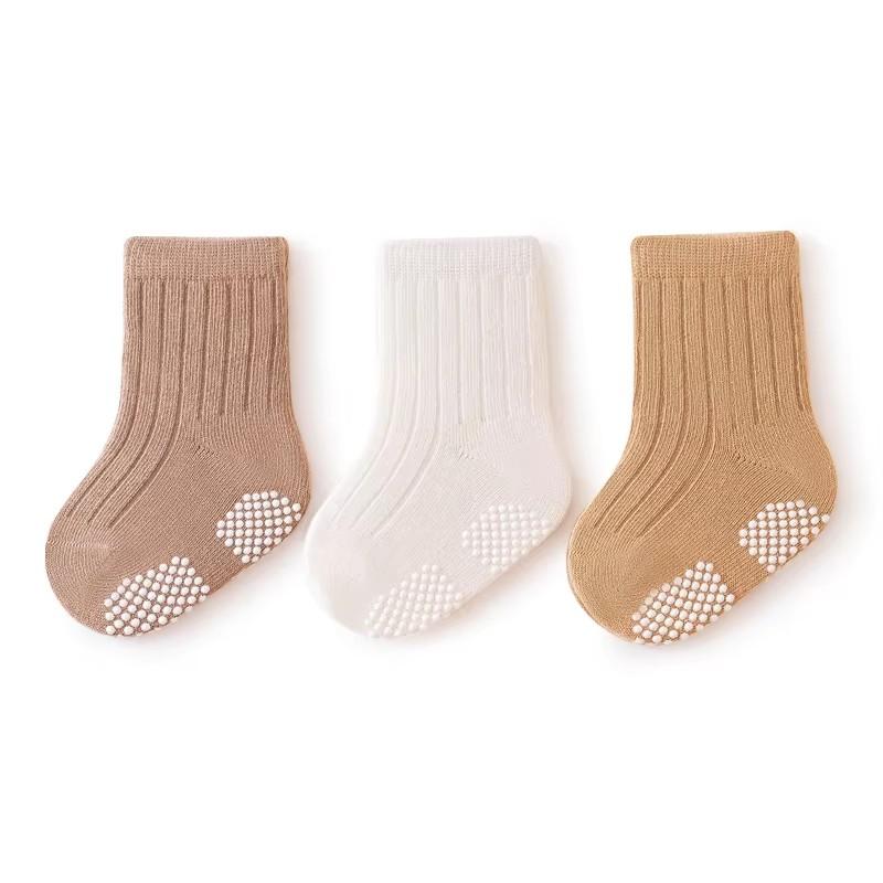 New 3 Pairs/Lot Autumn Winter 0-5Y Baby Boys Girls Non-Skid Embroidery Cartoon Socks Children Pure Cotton Solid Gripper Socks