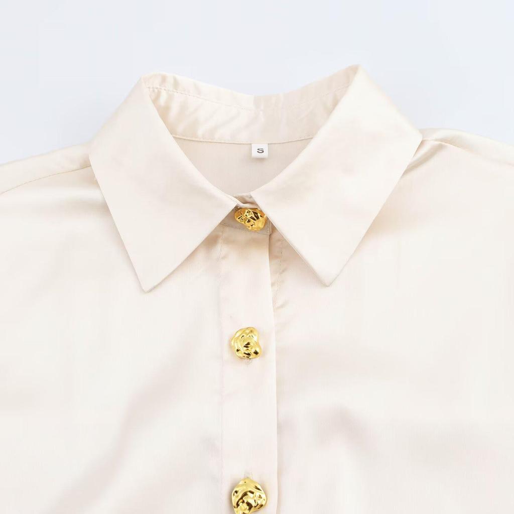 Women's Spring 2025 Silk Satin Long-Sleeve Shirt with Turn-Down Collar