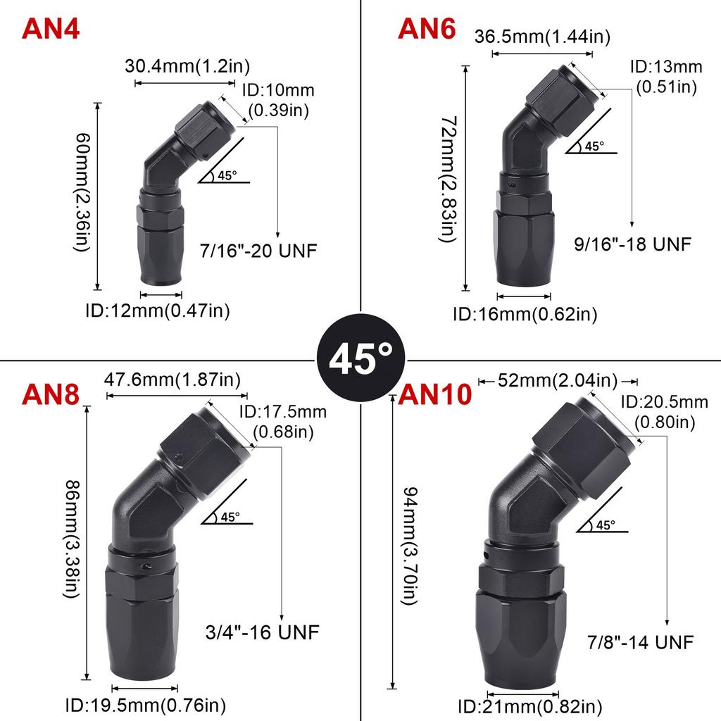 Aluminium 45 Degree 90 Degree 2 PCS Hose End Fitting Swivel Adapter AN4 AN6 AN8 AN10 For Oil Fuel CPE Line Car Oil Cooler Kit