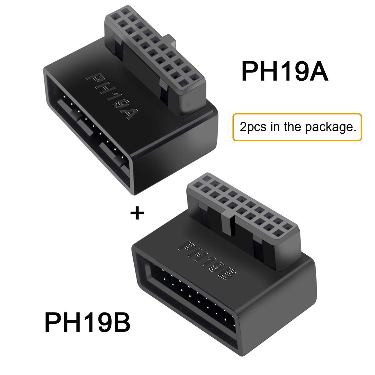 

U3-091 PH19A+PH19B 2Pcs USB 3.0 20Pin Male to Female Extension Adapter Up and Down Angled 90 Degree Overmold Converter As Shown A