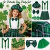 St. Set Costume Festa a Quadretti Verdi per San Patrizio con Cappello, Cravatta, Bretelle, Occhiali e Gonna