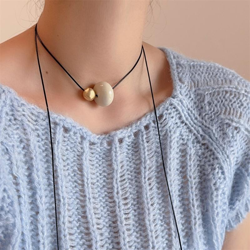 Retro Metal Resin Ball Pendant Necklace For Women Long Adjustable Black Rope Sweater Chain Choker Jewelry