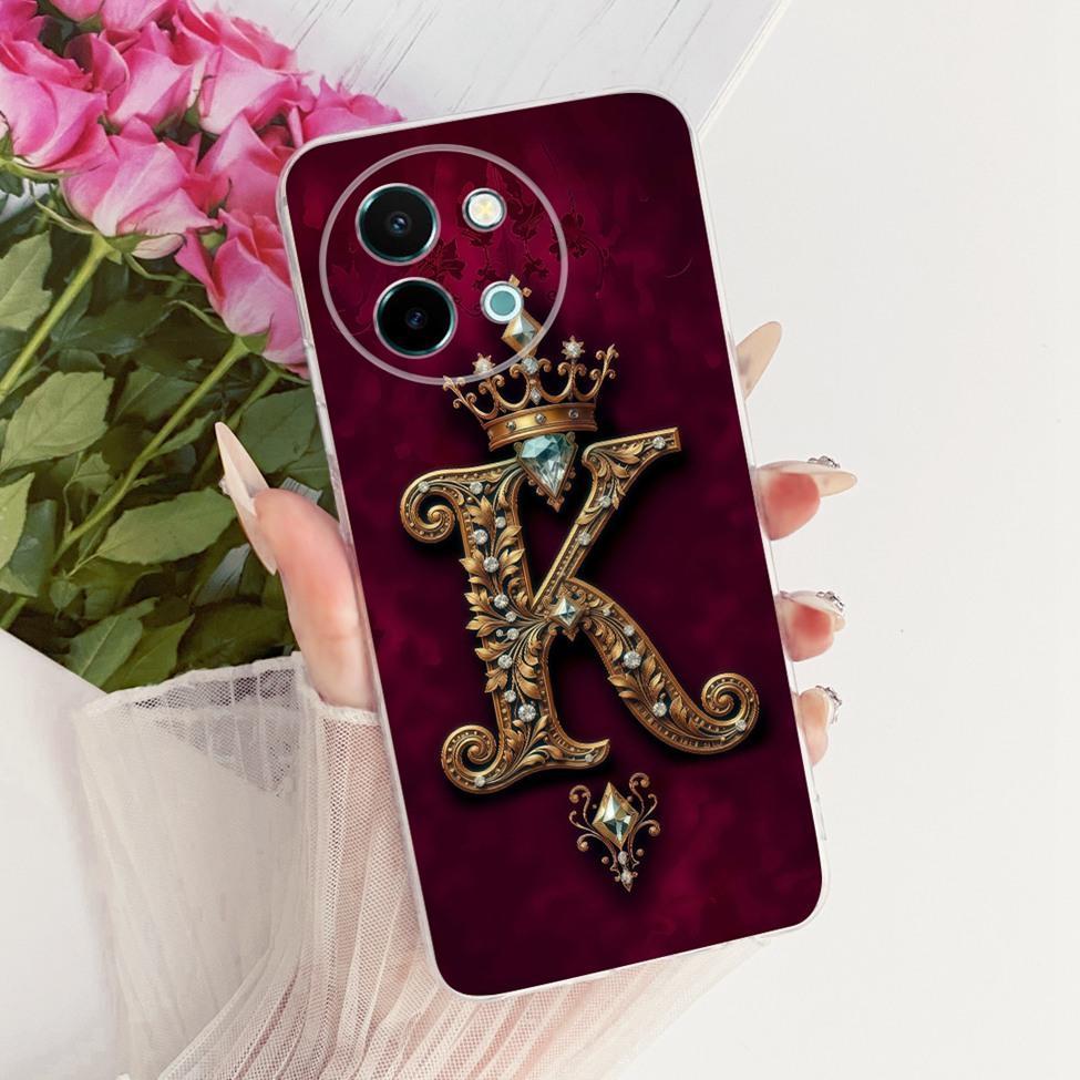 Für Vivo Y38 5G Hülle Abdeckung Transparent Luxus Krone A-Z Buchstaben 2D Flaches Muster Weiche Handyhülle Für VivoY38 5G Bumper