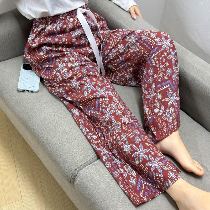 Damen-Blumen-Baumwoll-Seiden-Pyjama - Große Größen, Sommer, Leicht, Für draußen, Gerades Bein, Lockerer Schnitt