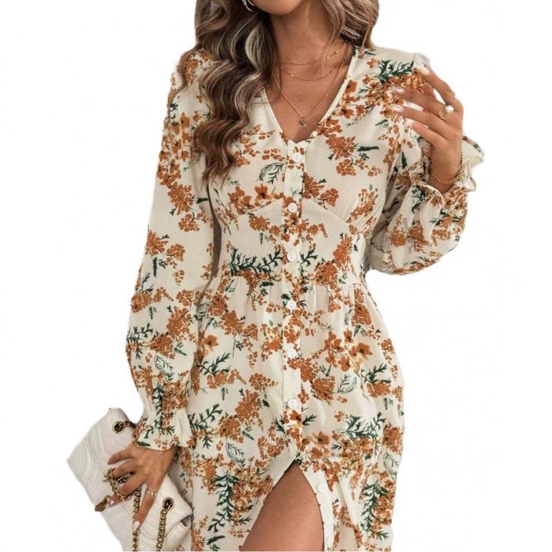European and American Women's New Autumn and Winter Flower Print Cardigan V-neck Long-sleeved Dress