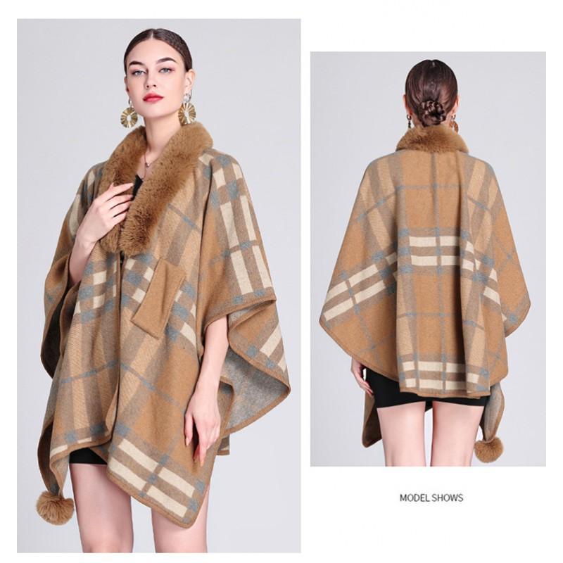 920 Womens Faux Rabbit Fur Collar Knit Cape Cardigan Loose Fit Plaid Winter Coat