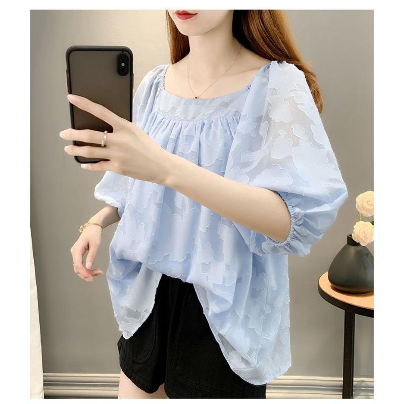 Trendy Summer Plus Size Chiffon Shirt Loose Bubble Sleeve Short Sleeve Top Hide Belly Flowy
