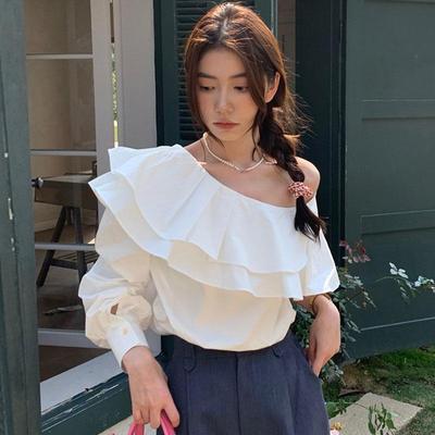 Korean Chic Retro Irregular One-Shoulder Ruffle Long-Sleeve Shirt Top