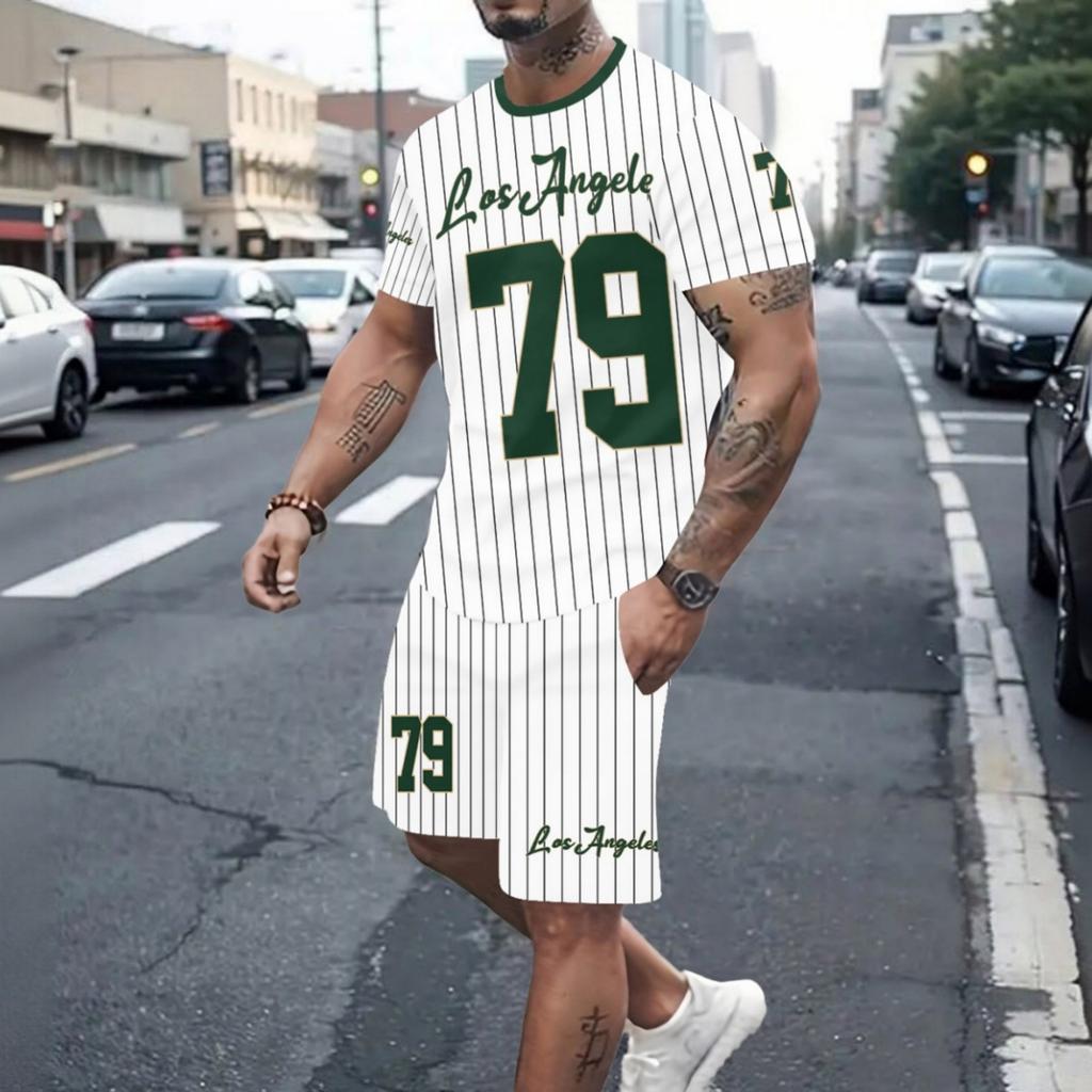 Men's suit casual round-neck short-sleeved pullover T-shirt with print sporty casual pants set