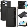 For iPhone 15 Pro Max Leather Case 9 Card Slots Zipper Wallet Stand Phone Cover with Wrist Strap