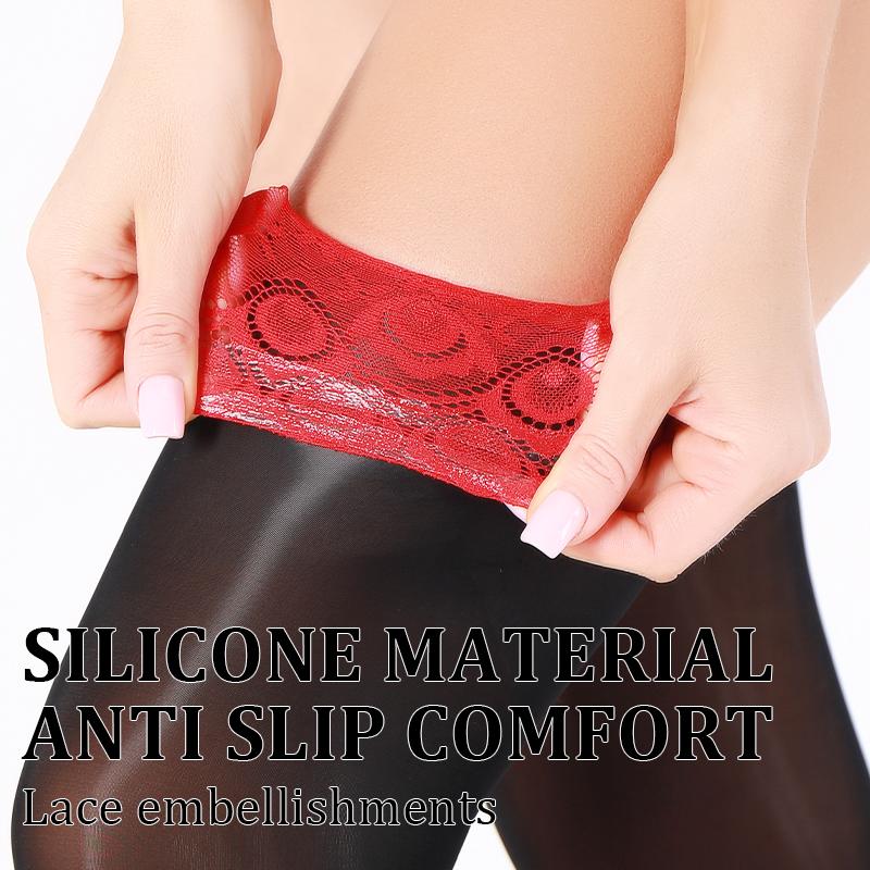 Horse Oil Added Anti-Sliding Shiny Silicone Floral Lace Sexy Stocking Party Style Hold-Up Easily Hosiery Thigh High Kneesocks