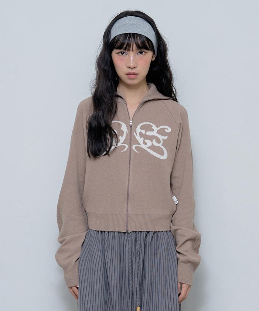 FANCY CLUB Raglan Symbol Knit Zip-Up (Mocha)_F24Za962
