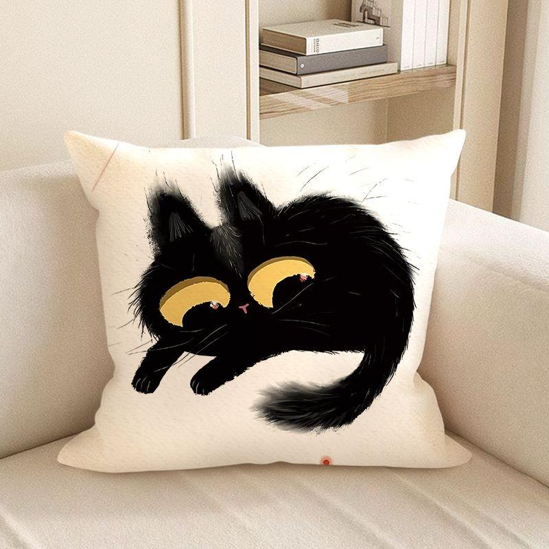 Cute Black Cat Cartoon Throw Pillow Cover - Minimalist Animal Home Decor