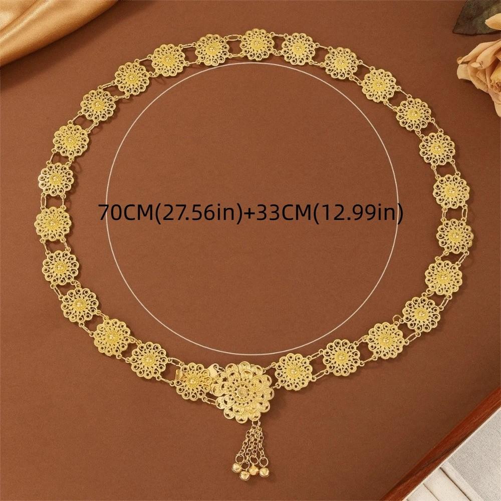 Retro Water-Sprinkling Festival Waist Chain Carved Design Hollow Out Thai Belly Waist Chain Gold Color Tassel Detail Metal Belt